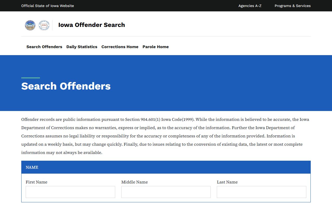 Iowa DOC Offender Search fields for North Central Correctional Facility inmate records